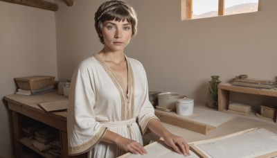 1girl,solo,looking at viewer,short hair,bangs,brown hair,black hair,long sleeves,brown eyes,closed mouth,collarbone,braid,day,indoors,cup,lips,book,window,table,desk,robe,mug,paper,open book,realistic,nose,pen,book stack,white robe,sitting,upper body,wide sleeves,black eyes