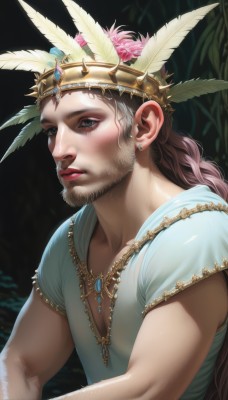 solo,long hair,looking at viewer,brown hair,shirt,hair ornament,1boy,jewelry,closed mouth,upper body,flower,short sleeves,male focus,earrings,parted lips,necklace,blurry,black eyes,lips,facial hair,feathers,crown,gem,beard,mature male,realistic,nose,feather hair ornament,blue eyes,braid,piercing