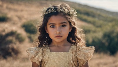 1girl,solo,long hair,looking at viewer,brown hair,black hair,hair ornament,dress,closed mouth,upper body,flower,outdoors,white dress,blurry,black eyes,lips,depth of field,blurry background,expressionless,veil,realistic,nose,bridal veil,head wreath,brown eyes,day,portrait,lace