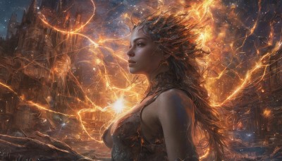 1girl,solo,long hair,breasts,brown hair,cleavage,bare shoulders,jewelry,medium breasts,upper body,earrings,horns,sky,pointy ears,signature,lips,dutch angle,night,glowing,looking up,building,star (sky),scenery,starry sky,city,realistic,nose,fantasy,electricity,lightning,parted lips,from side