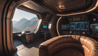 no humans,scenery,reflection,science fiction,mountain,realistic,spacecraft,car interior,cockpit,steering wheel,seat,sky,day,indoors,signature,window,sunlight,robot,monitor,screen