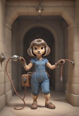 1girl,solo,looking at viewer,smile,short hair,open mouth,bangs,brown hair,shirt,gloves,holding,animal ears,brown eyes,standing,full body,short sleeves,boots,teeth,indoors,blunt bangs,fingerless gloves,bag,brown footwear,child,furry,brown gloves,furry female,female child,overalls,hooves,small breasts,alternate costume,artist name,black eyes,buttons,upper teeth only,watermark,happy,dog ears,dog tail,dog girl,body fur,animal nose,brown fur,blue overalls