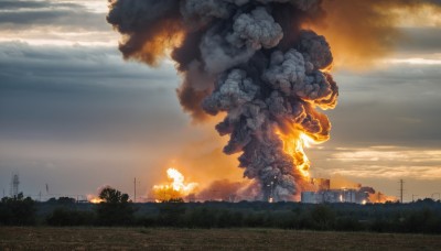 outdoors,sky,cloud,tree,no humans,cloudy sky,grass,fire,building,scenery,smoke,sunset,city,explosion,ruins,power lines,burning,destruction,ground vehicle,motor vehicle,military vehicle