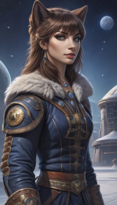 1girl,solo,long hair,looking at viewer,bangs,brown hair,long sleeves,animal ears,brown eyes,jewelry,upper body,earrings,outdoors,sky,belt,artist name,cat ears,signature,necklace,lips,coat,fur trim,makeup,night,moon,lipstick,brooch,gem,star (sky),night sky,full moon,starry sky,nose,red lips,eyeliner,blue coat,breasts,gloves,medium breasts,closed mouth,jacket,wolf ears,shoulder armor,extra ears,realistic