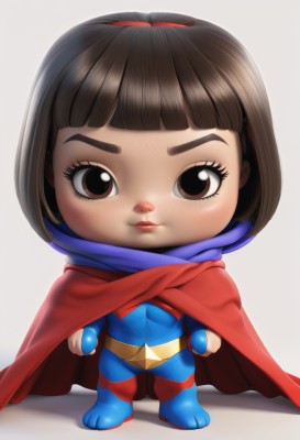 1girl,solo,looking at viewer,smile,short hair,bangs,simple background,brown hair,white background,ribbon,brown eyes,closed mouth,standing,full body,hair ribbon,shiny,blunt bangs,grey background,chibi,cape,lips,bodysuit,shadow,child,clenched hands,freckles,red cape,female child,animification,superhero,blue bodysuit