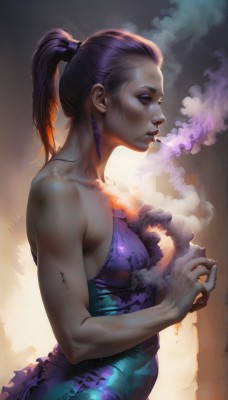 1girl,solo,long hair,breasts,dress,holding,bare shoulders,medium breasts,collarbone,upper body,ponytail,purple hair,signature,from side,leotard,lips,eyelashes,strapless,bodysuit,profile,makeup,lipstick,strapless dress,skin tight,purple dress,eyeshadow,smoke,cigarette,realistic,nose,smoking,hair pulled back,jewelry,earrings,small breasts,watermark,high ponytail,dirty