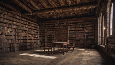 day,indoors,book,no humans,window,shadow,chair,table,sunlight,scenery,light rays,wooden floor,bookshelf,sunbeam,book stack,library,ceiling,ladder,globe,voile,wooden chair,tiles,candle,tile floor