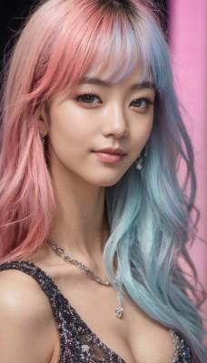 1girl,solo,long hair,breasts,looking at viewer,smile,bangs,dress,cleavage,bare shoulders,brown eyes,jewelry,medium breasts,closed mouth,blue hair,collarbone,upper body,pink hair,multicolored hair,earrings,sleeveless,necklace,two-tone hair,lips,eyelashes,gradient hair,makeup,realistic,nose,heart,pink background