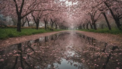 outdoors, day, water, tree, petals, no humans, grass, cherry blossoms, nature, scenery, reflection, road, river, path, spring (season)