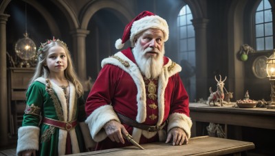 HQ,1girl,long hair,long sleeves,1boy,hat,dress,holding,jewelry,closed mouth,standing,white hair,grey hair,belt,indoors,necklace,black eyes,coat,book,fur trim,window,night,facial hair,parody,table,crown,christmas,red headwear,beard,santa hat,santa costume,realistic,mustache,lamp,candle,antlers,fur-trimmed sleeves,old,christmas tree,old man,fur-trimmed headwear,christmas ornaments,candlestand,chandelier,reindeer,blue eyes,blonde hair,food,looking up,knife,gem,robe