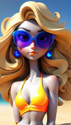 1girl,solo,long hair,breasts,looking at viewer,blonde hair,navel,cleavage,bare shoulders,jewelry,closed mouth,collarbone,swimsuit,upper body,bikini,earrings,small breasts,outdoors,sky,day,midriff,black eyes,bracelet,lips,eyelashes,makeup,colored skin,ocean,beach,sunglasses,lipstick,yellow bikini,tinted eyewear,orange bikini,blue-tinted eyewear,blue eyes,stomach,wavy hair,nose