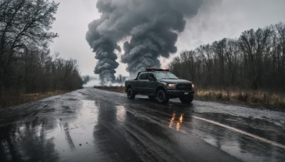 outdoors,sky,cloud,water,tree,no humans,cloudy sky,grass,fire,ground vehicle,nature,scenery,motor vehicle,forest,smoke,reflection,car,road,vehicle focus,fog,grey sky,sports car,rain,puddle,burning