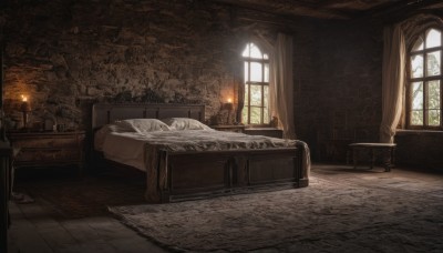 day,indoors,pillow,book,no humans,window,bed,chair,table,sunlight,fire,curtains,scenery,wooden floor,stairs,lamp,candle,wall,bedroom,carpet,candlestand,rug,chandelier,fireplace,canopy bed,tile floor,cabinet