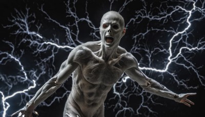 solo,looking at viewer,open mouth,1boy,upper body,male focus,nude,no humans,muscular,colored skin,parody,outstretched arms,realistic,electricity,bald,lightning,horror (theme),weapon,teeth,abs,monster,no eyes