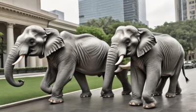 standing,tail,outdoors,sky,teeth,day,tree,no humans,animal,ground vehicle,building,motor vehicle,reflection,monster,city,realistic,car,road,street,skyscraper,statue,dinosaur,what,elephant