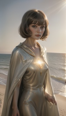 1girl,solo,breasts,looking at viewer,short hair,bangs,brown hair,dress,brown eyes,jewelry,closed mouth,standing,collarbone,cowboy shot,earrings,small breasts,outdoors,parted lips,sky,day,shiny,artist name,water,cape,lips,glowing,ocean,beach,sunlight,bob cut,gem,cloak,backlighting,shiny clothes,nose,sand,horizon,grey dress,white cape,waves,shore,black hair,medium breasts,realistic,arms at sides