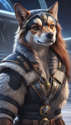 solo,looking at viewer,1boy,animal ears,brown eyes,jewelry,upper body,male focus,outdoors,sky,belt,artist name,signature,necklace,armor,blurry,orange eyes,night,blurry background,scar,goggles,gem,star (sky),night sky,furry,buckle,starry sky,brown belt,furry male,body fur,leather,orange fur,long hair,smile,closed mouth,fur trim,no humans,animal,watermark,shoulder armor,fur collar,dog,realistic,fantasy,animal focus,brown fur,shiba inu