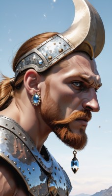 solo,blue eyes,blonde hair,brown hair,1boy,jewelry,upper body,ponytail,male focus,earrings,outdoors,horns,sky,day,cloud,necklace,armor,from side,blue sky,profile,facial hair,scar,helmet,gem,portrait,beard,scar on face,short ponytail,mountain,realistic,mustache,scar across eye,fake horns,manly,closed mouth