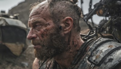 solo,short hair,blue eyes,blonde hair,brown hair,1boy,closed mouth,upper body,weapon,male focus,solo focus,dark skin,armor,blurry,from side,profile,blurry background,facial hair,scar,dark-skinned male,ground vehicle,shoulder armor,portrait,motor vehicle,beard,science fiction,pauldrons,realistic,bald,manly,dirty,debris,mohawk,dirty face,dust,outdoors,tattoo,mustache,car