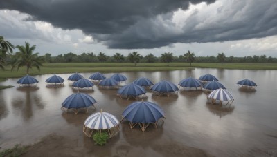 outdoors,sky,day,cloud,signature,water,tree,blue sky,no humans,umbrella,beach,cloudy sky,nature,scenery,reflection,rain,palm tree,beach umbrella,reflective water,ocean,grass,bush