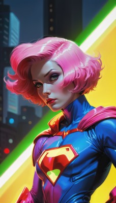 1girl,solo,breasts,looking at viewer,short hair,gloves,green eyes,upper body,pink hair,small breasts,parted lips,shiny,cape,blurry,lips,bodysuit,makeup,blurry background,lipstick,superhero,skyscraper,blue bodysuit,blue eyes,medium breasts,outdoors,night,building,skin tight,shiny clothes,realistic,red cape,red lips