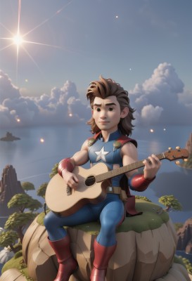 1girl,solo,long hair,looking at viewer,smile,brown hair,1boy,holding,brown eyes,sitting,full body,male focus,boots,outdoors,sky,sleeveless,cloud,signature,water,star (symbol),tree,lips,bodysuit,wristband,red footwear,instrument,rock,music,sun,guitar,bracer,playing instrument,superhero,cliff,sitting on rock,day,cape,ocean,watermark,aged down,lens flare,sunrise