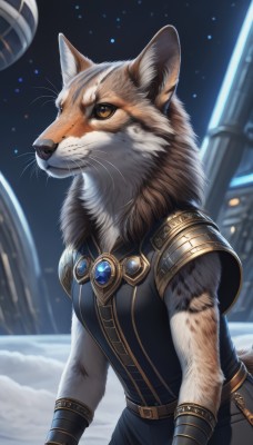 1girl,solo,shirt,animal ears,brown eyes,jewelry,closed mouth,standing,tail,cowboy shot,outdoors,sky,sleeveless,belt,pants,artist name,signature,armor,orange eyes,no humans,night,animal,brooch,shoulder armor,gem,star (sky),night sky,furry,snow,starry sky,furry female,space,bracer,planet,whiskers,upper body,blurry,watermark,brown fur