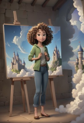 1girl,solo,long hair,looking at viewer,smile,brown hair,brown eyes,standing,jacket,full body,open clothes,sky,shoes,day,belt,pants,cloud,dark skin,dark-skinned female,lips,brown footwear,cloudy sky,denim,curly hair,jeans,big hair,castle,no socks,afro,painting (action),canvas (object),easel,shirt,white shirt,outdoors,artist name,hood,open jacket,blue sky,window,hoodie,hood down,sleeves rolled up,green jacket,blue pants,sleeves pushed up