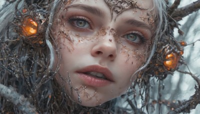 1girl,solo,looking at viewer,blue eyes,white hair,grey hair,parted lips,teeth,mole,blurry,tree,lips,grey eyes,eyelashes,makeup,portrait,snow,close-up,realistic,jewelry,green eyes,glowing,freckles,nose,branch