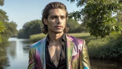 HQ,solo,blue eyes,brown hair,shirt,1boy,closed mouth,jacket,upper body,male focus,outdoors,open clothes,sky,day,collared shirt,water,blurry,tree,lips,looking to the side,black shirt,open shirt,facial hair,leaf,formal,suit,reflection,realistic,lake,looking at viewer,short hair,vest,blue sky,blurry background,scar,sunlight,beard,stubble