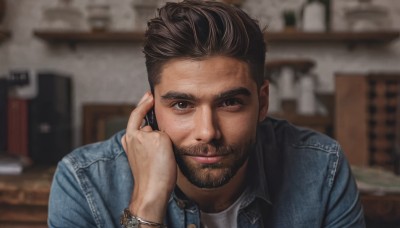 solo,looking at viewer,smile,short hair,brown hair,shirt,black hair,1boy,brown eyes,jewelry,closed mouth,jacket,white shirt,upper body,male focus,indoors,blurry,bracelet,blurry background,facial hair,phone,denim,beard,watch,realistic,wristwatch,denim jacket,parted lips,hand up,lips,depth of field,blue jacket,portrait,jeans