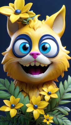 solo,looking at viewer,smile,open mouth,blue eyes,simple background,hair ornament,1boy,animal ears,flower,teeth,hair flower,gradient,gradient background,no humans,leaf,blue background,happy,plant,furry,freckles,yellow flower,artist name