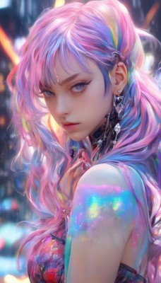 1girl,solo,long hair,breasts,looking at viewer,bangs,blue eyes,hair ornament,bare shoulders,jewelry,closed mouth,upper body,pink hair,purple hair,heart,multicolored hair,earrings,sleeveless,choker,blurry,from side,lips,eyelashes,makeup,blurry background,wavy hair,piercing,ring,ear piercing,freckles,nose,blue hair,artist name,nail polish,streaked hair,fingernails,gem,pink nails,pink lips,realistic,heart earrings,mascara