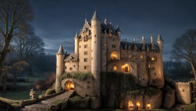 HQ,outdoors,sky,cloud,tree,no humans,night,grass,building,nature,night sky,scenery,fantasy,house,bridge,bare tree,castle,tower,fog,chimney,window,moon,helmet,cloudy sky,fire,forest,road,candle,bush,path,church,arch