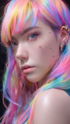 1girl,solo,long hair,looking at viewer,bangs,blue eyes,blonde hair,simple background,bare shoulders,jewelry,blue hair,upper body,pink hair,heart,multicolored hair,earrings,parted lips,from side,lips,eyelashes,makeup,piercing,black background,ear piercing,portrait,eyeshadow,freckles,realistic,nose,nose piercing,rainbow hair,artist name,gradient hair,watermark