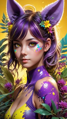 1girl,solo,breasts,looking at viewer,short hair,bangs,simple background,hair ornament,animal ears,cleavage,bare shoulders,medium breasts,closed mouth,yellow eyes,upper body,purple hair,flower,multicolored hair,shiny,artist name,signature,hair flower,medium hair,from side,lips,animal ear fluff,gradient,fox ears,clothing cutout,eyelashes,makeup,swept bangs,leaf,facial mark,cleavage cutout,plant,lipstick,portrait,yellow background,extra ears,eyeshadow,freckles,pink lips,nose,purple flower,eyeliner,facepaint,mascara,brown eyes,blue flower,yellow flower,bodypaint,paint splatter,paint