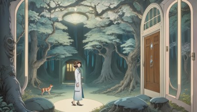 1girl,solo,short hair,brown hair,black hair,long sleeves,dress,standing,outdoors,shoes,indoors,tree,coat,window,animal,brown footwear,cat,grass,nature,scenery,forest,door,labcoat,wide shot,looking at viewer,closed mouth,black footwear,from side,lantern,rock,open door