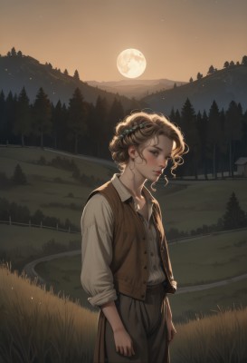 1girl,solo,looking at viewer,short hair,blue eyes,blonde hair,brown hair,shirt,hair ornament,long sleeves,jewelry,closed mouth,standing,white shirt,cowboy shot,earrings,outdoors,open clothes,sky,collared shirt,belt,pants,necklace,vest,tree,lips,eyelashes,night,buttons,wavy hair,moon,grass,star (sky),nature,night sky,full moon,sleeves rolled up,forest,starry sky,freckles,curly hair,mountain,nose,fence,house,brown vest,lake,brown eyes,parted lips,looking to the side,scenery,road,field,open vest,landscape