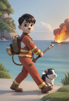 solo,looking at viewer,smile,short hair,brown hair,black hair,1boy,holding,brown eyes,jacket,full body,weapon,male focus,outdoors,sky,shoes,day,pants,sword,water,bag,tree,blue sky,ocean,animal,beach,backpack,fire,sheath,child,walking,dog,male child,cloud,from side,brown footwear,grass,nature,torch