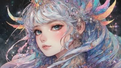 1girl,solo,long hair,looking at viewer,blush,bangs,blue eyes,hair ornament,jewelry,blue hair,braid,white hair,earrings,parted lips,necklace,lips,eyelashes,sparkle,tiara,feathers,black background,gem,portrait,star (sky),close-up,starry sky,glint,feather hair ornament,grey hair,sky,light particles,beads,hair beads,head chain