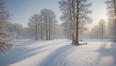 outdoors,sky,day,signature,tree,blue sky,no humans,shadow,sunlight,nature,scenery,snow,forest,road,winter,bare tree,footprints,monochrome,greyscale,artist name,cloud,water,sand,sun,silhouette,landscape,fog