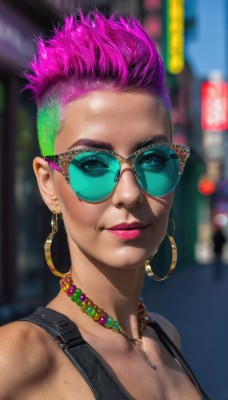 1girl,solo,breasts,looking at viewer,smile,short hair,cleavage,bare shoulders,jewelry,closed mouth,upper body,pink hair,multicolored hair,earrings,glasses,necklace,mole,blurry,two-tone hair,lips,eyelashes,mole under eye,makeup,blurry background,sunglasses,tank top,lipstick,portrait,eyeshadow,hoop earrings,realistic,nose,eyeliner,very short hair,undercut,tinted eyewear,mascara,pink-tinted eyewear,green eyes,purple hair,outdoors,green hair,artist name,pink lips,bead necklace,neon lights