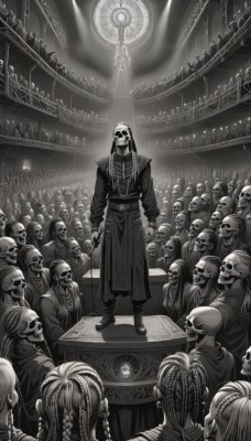 long hair,looking at viewer,multiple girls,long sleeves,holding,standing,monochrome,weapon,braid,greyscale,boots,multiple boys,solo focus,indoors,hood,twin braids,mask,glowing,6+girls,table,6+boys,robe,facing away,candle,bald,multiple others,crowd,stage,chandelier,6+others,audience,1boy,jewelry,earrings,belt,statue