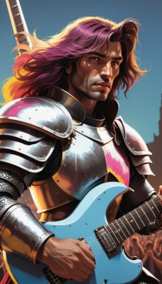 solo,long hair,looking at viewer,brown hair,1boy,holding,brown eyes,upper body,weapon,pink hair,purple hair,male focus,outdoors,parted lips,sky,day,sword,artist name,signature,dark skin,armor,lips,facial hair,scar,dark-skinned male,shoulder armor,instrument,beard,pauldrons,breastplate,realistic,nose,music,guitar,manly,playing instrument,holding instrument,chainmail,bangs,shiny,scar across eye,electric guitar,plectrum