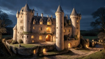 HQ,outdoors,sky,cloud,water,tree,no humans,window,night,cloudy sky,grass,building,nature,night sky,scenery,forest,stairs,mountain,fantasy,road,house,lamppost,bare tree,castle,tower,path,church,moon,bridge,river,arch