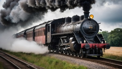 outdoors,multiple boys,sky,day,cloud,tree,military,no humans,cloudy sky,grass,ground vehicle,motor vehicle,smoke,cannon,military vehicle,tank,vehicle focus,train,caterpillar tracks,railroad tracks,damaged,machine gun