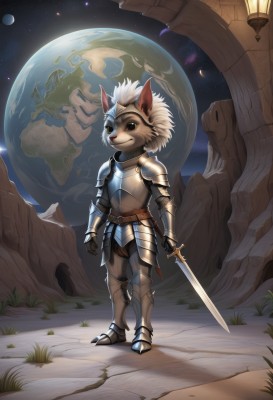 solo,smile,1boy,holding,animal ears,closed mouth,standing,full body,weapon,white hair,male focus,outdoors,sky,belt,sword,artist name,cat ears,signature,holding weapon,armor,night,holding sword,moon,shoulder armor,gauntlets,star (sky),furry,pauldrons,breastplate,armored boots,furry male,greaves,planet,whiskers,brown eyes,boots,watermark,grass,web address,starry sky,fantasy,space,body fur,white fur,brown fur