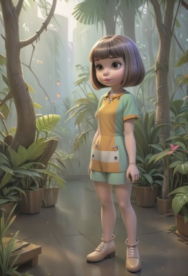 1girl,solo,short hair,bangs,brown hair,shirt,brown eyes,standing,full body,flower,short sleeves,small breasts,boots,outdoors,parted lips,shoes,shorts,striped,artist name,signature,blunt bangs,tree,lips,watermark,brown footwear,sunlight,bob cut,plant,child,arms at sides,tiles,female child,potted plant,tile floor,nature,multicolored clothes,forest