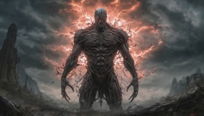 solo,looking at viewer,red eyes,1boy,standing,male focus,outdoors,sky,cloud,no humans,muscular,glowing,cloudy sky,glowing eyes,monster,electricity,giant,lightning,ruins,extra eyes