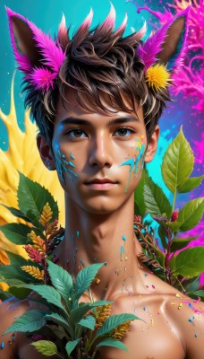 solo,looking at viewer,short hair,bangs,brown hair,black hair,hair ornament,1boy,animal ears,brown eyes,closed mouth,collarbone,upper body,flower,male focus,artist name,signature,dark skin,lips,fox ears,eyelashes,leaf,blue background,dark-skinned male,pectorals,plant,portrait,extra ears,topless male,realistic,yellow flower,nose,facepaint,paint splatter,paint,paint splatter on face,nipples,nude,hair flower,wolf ears,sunflower,multicolored background,dirty,dirty face,pink blood